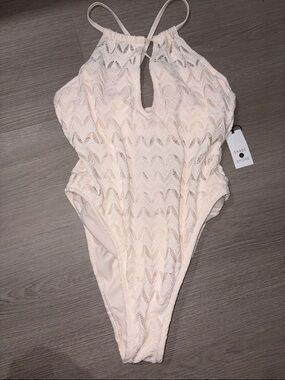 Shade & Shore Cream Lace-Overlay One-Piece Swimsuit